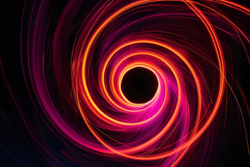 Hypnotic neon vortex with pink and orange swirling lights. Stunning abstract artwork on black background.