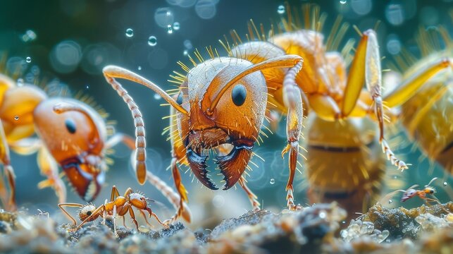 A close-up photograph of an ant. The ant is in focus and sharp, with a blurred background. The ant is facing the camera and is surrounded by other ants.