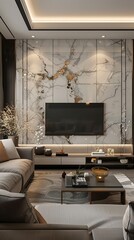 Design a modern living room with marble feature wall with concealed lighting and tv unit. The room should have a luxurious and inviting atmosphere. Use warm and neutral colors. Incorporate a large com