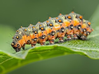Obraz premium A beautiful caterpillar on a leaf, photographed in a macro lens