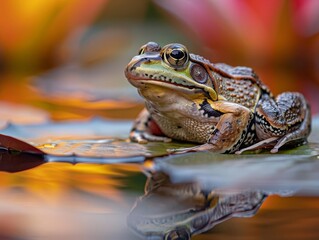 A beautiful close up photograph of a frog sitting on a lily pad in a pond