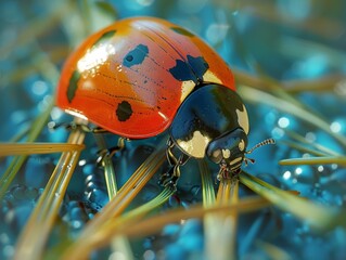 Take an extreme close up photograph of a ladybug on a pine needle. Focus on the details of the ladybug's shell and the texture of the pine needle. - Powered by Adobe
