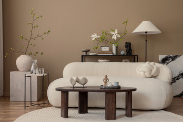Creative composition of cozy living room interior with boucle sofa, wooden coffee table, round...