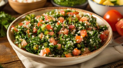 Tabbouleh salad. Tabouli salad with fresh parsley, onions, tomatoes. AI Generative