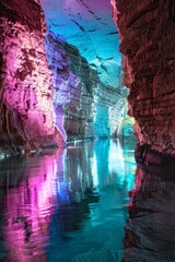Neon vertical lights in a surreal cave with reflections 