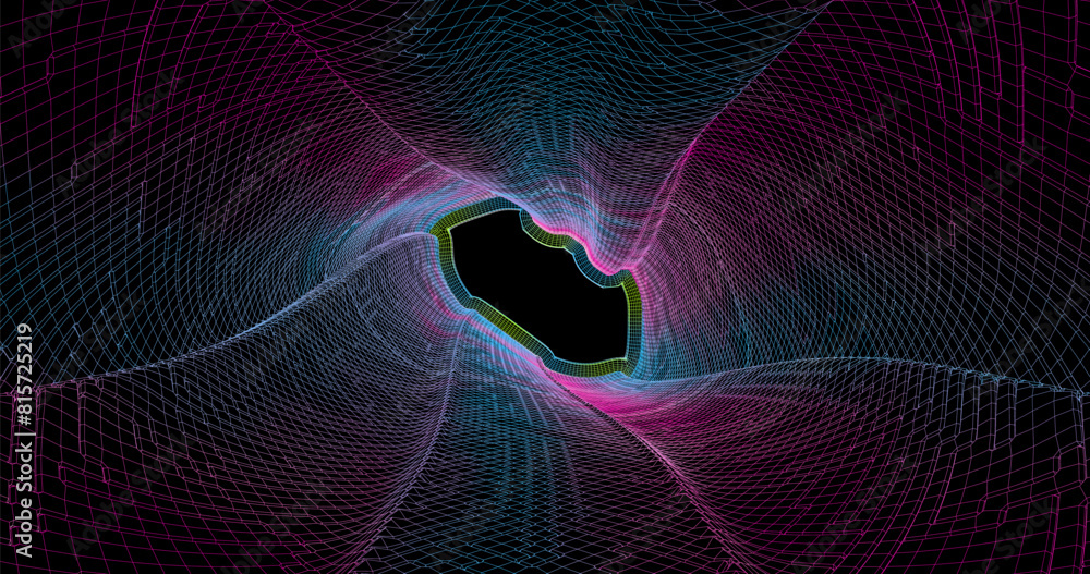 Poster wire low poly frame of a futuristic corridor or tunnel, consisting of lines and polygons in neon col