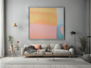 großes abstraktes Bild in einem grauen Bilderrahmen über einem hellen Sofa