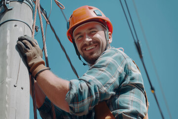 Professional electrician with a friendly smile works diligently on wiring a utility pole against a clear blue sky background
