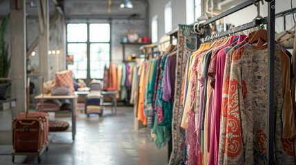 Ethical fashion showroom, clothing store racks of colorful clothing
