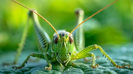 Fototapeta premium Nature, green grasshopper sitting on green leaf