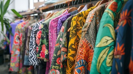 Ethical fashion showroom, clothing rack colorful, floral-patterned garments on hangers