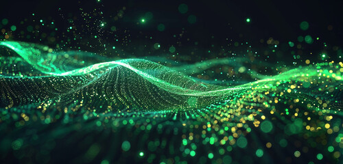 Vibrant green luminous wave with dark techno particles.