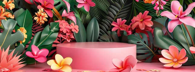 A pink podium surrounded by colorful paper flowers and leaves.