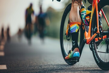close up shot cyclist's leg strong muscular calves colorful sports shoe pedaling racing bike copy space