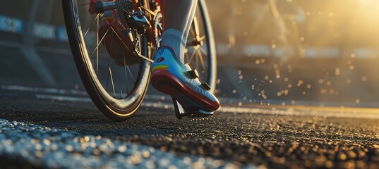 close up shot cyclist's leg strong muscular calves sports shoe pedaling racing bike copy space