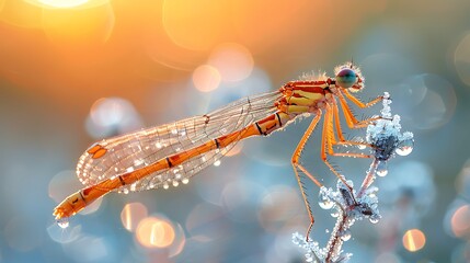 Experience the ethereal beauty of a translucent damselfly as it rests upon a delicate blade of grass, its wings catching the first rays of dawn. - Powered by Adobe