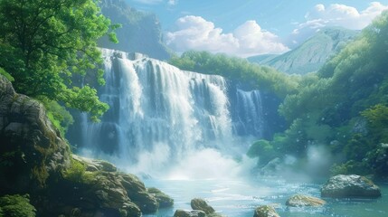 Beautiful View of waterfalls in medieval world, digital art style