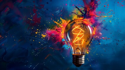 A vibrant lightbulb with colorful flames and splashes of paint, symbolizing creative energy against an isolated dark blue background