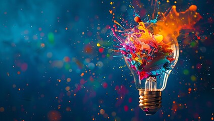 A vibrant lightbulb with colorful flames and splashes of paint, symbolizing creative energy against an isolated dark blue background