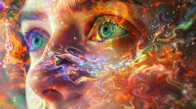 Surreal Digital Portrait of a Mind Undergoing Metaphysical Transformation through Psychedelic Energies and Scalar Waves