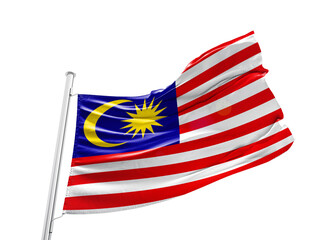 Malaysia waving flag with mast on white background with cutout path.