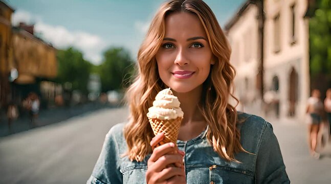 Junge Frau h&auml;lt ein leckeres Eis in der Hand. Sommerstimmung kommt auf