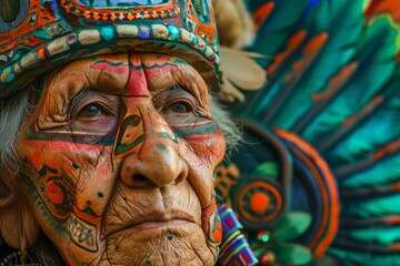 Obraz premium Close-up of an elder with colorful tribal face paint and feather headdress