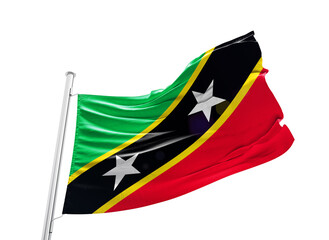 Saint Kitts and Nevis waving flag with mast on white background with cutout path.