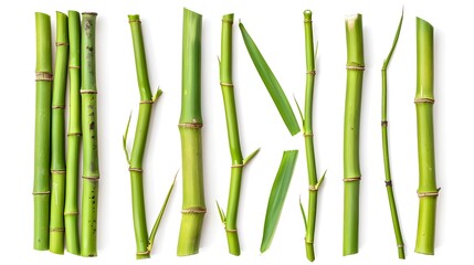 Obraz premium Green bamboo sticks, set sharp stake isolated on white, side view