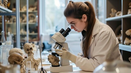 Forensic Female Forensic Anthropologists examining bones in a lab, physical evidence, archaeology and osteology - Skeleton Analysis