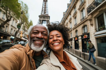 Smiling couple enjoys a moment capturing a selfie with the Eiffel Tower in the background in Paris