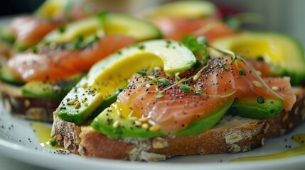 Closeup sliced toast with avocado and smoked salmon healthy food. AI generated image