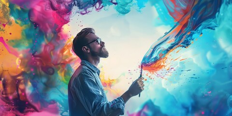 Bearded man painting with colorful clouds.