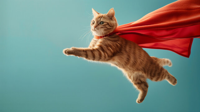Cat Flying with Red Cape on Blue Background