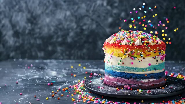 Colorful layered birthday cake with sprinkles on dark background