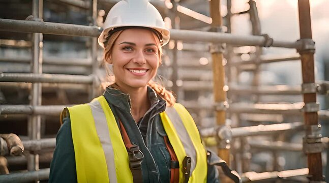 Junge Ger&uuml;stbauerin steht auf Bauger&uuml;st und l&auml;chelt in die Kamera