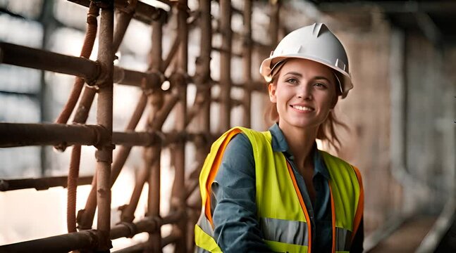 Junge Ger&uuml;stbauerin steht auf Bauger&uuml;st und l&auml;chelt in die Kamera