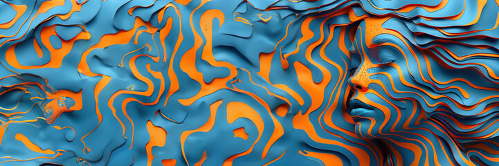 Layered digital art of a female profile in blue and orange