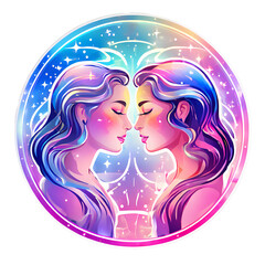 Rainbow Gemini Zodiac Sign Sticker in Holographic Style with Core Elements on Transparent Background: Vibrant Twins Symbol for Astrology Enthusiasts.
