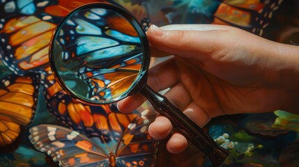 Close-up of a childs hands clutching a magnifying glass, examining a vibrant butterfly wing in detail - Powered by Adobe