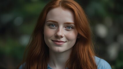 Naklejka premium Radiant Young Woman with Red Hair and Blue Eyes: Captivating Portrait.