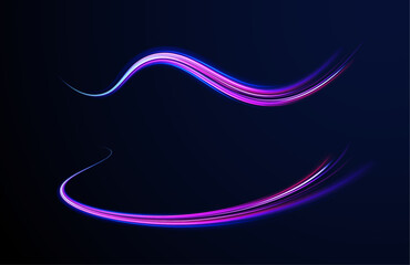 Colorful Light Trails, Long Time Exposure Motion Blur Effect. Colored shiny sparks of spiral wave. Curved bright speed line swirls. Glowing swirl bokeh effect. 