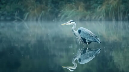 Portrait grey heron bird in lake. AI generated image