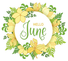 Handwritten, hello june, lettering message. June welcome quote with color leaves . Modern lettering. Hello June design for cards, banners, posters.