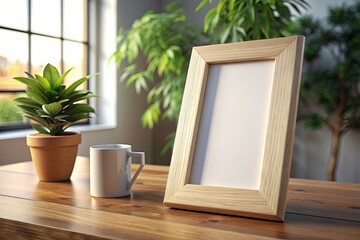 Blank picture frame on wooden table in cafe.