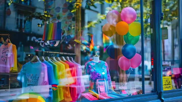Colorful clothing displayed in shop window with vibrant balloons and reflections