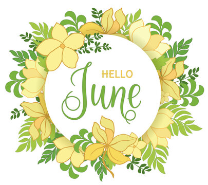 Handwritten, hello june, lettering message. June welcome quote with color leaves . Modern lettering. Hello June design for cards, banners, posters.