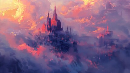 Castle in the clouds, fantasy world concept. digital painting