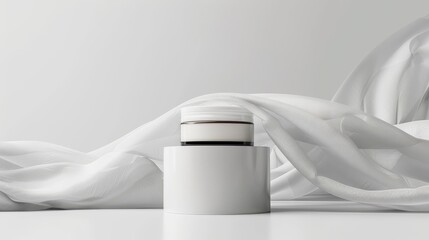  Mockup of cosmetic cream jar mockup with smooth elegant flying cloth for product display