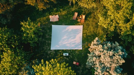 A group of people gathered in the forest around a large screen, surrounded by trees, shrubs, and...
